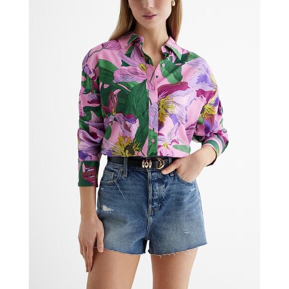 Express 2 Piece Matching Set Pink Floral Shirt & Pants Tropical Size Large Women - Picture 2 of 7